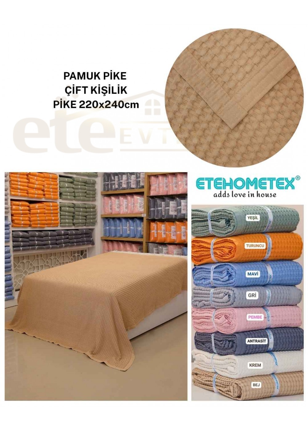 ETEHOMETEX HAVUZLU PİKE ÇİFT KİŞİLİK 220X240CM BEJ 8696474231656